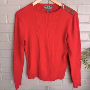 Ralph Lauren Vintage Ribbed Rust Long Sleeve Sweater Leather Zipper M Equestrian